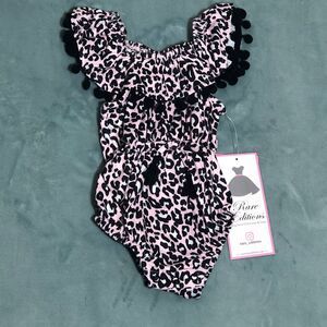 Rare Editions Romper Infant Girls 3 months Pink BlackLeopard Print w Tassels NWT